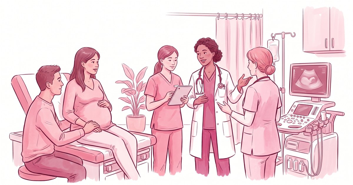 Illustration of a pregnancy ultrasound and specialist consultation during high-risk pregnancy care
