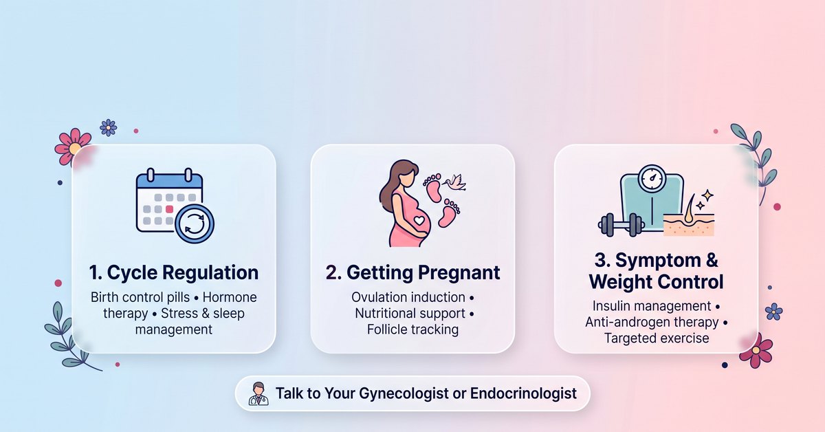 PCOS Treatment in Sharjah: What Your Care Plan May Include 1 PCOS treatment depends on your main goal: cycle regulation, getting pregnant and symptom and weight control